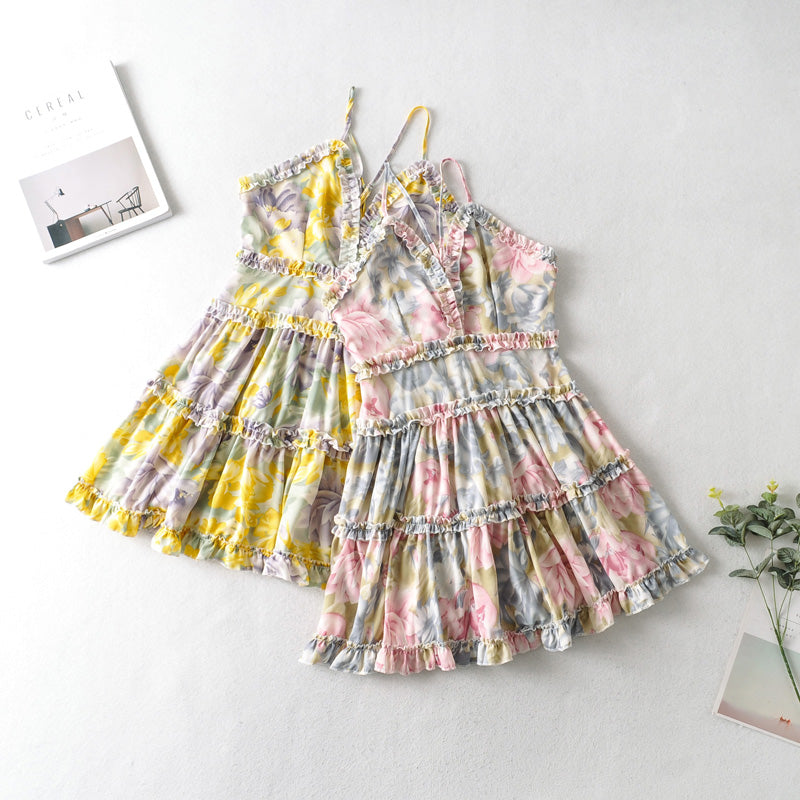 vanessa mini dress with floral pattern and layered ruffles pink yellow
