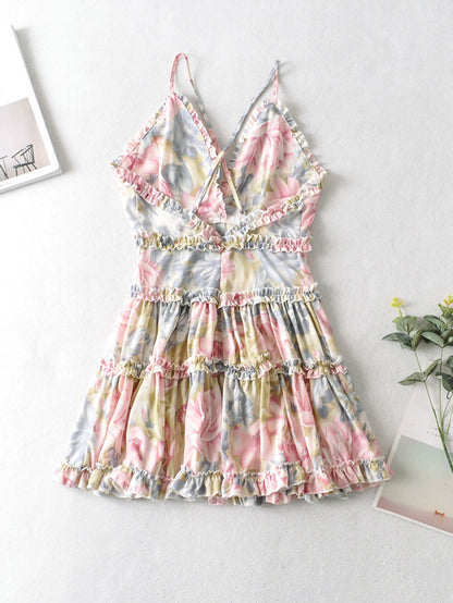 vanessa mini dress with floral pattern and layered ruffles pink