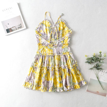 vanessa mini dress with floral pattern and layered ruffles yellow