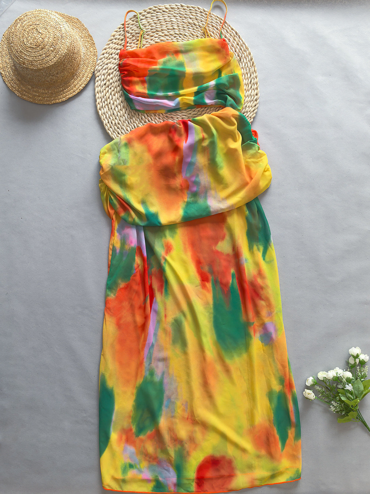 anastasia matching set colourful orange green yellow beautiful low waisted maxi skirt spaghetti strap  backless tie top chasing sunshine