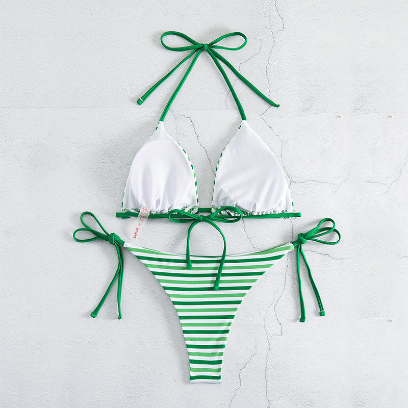 carly triangle bikini green stripes tie back