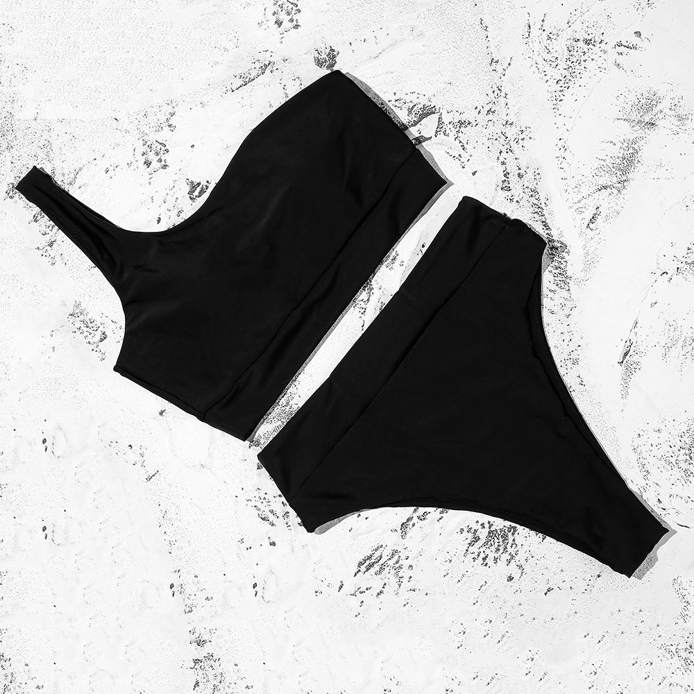 gwen bikini two piece set black one shoulder front