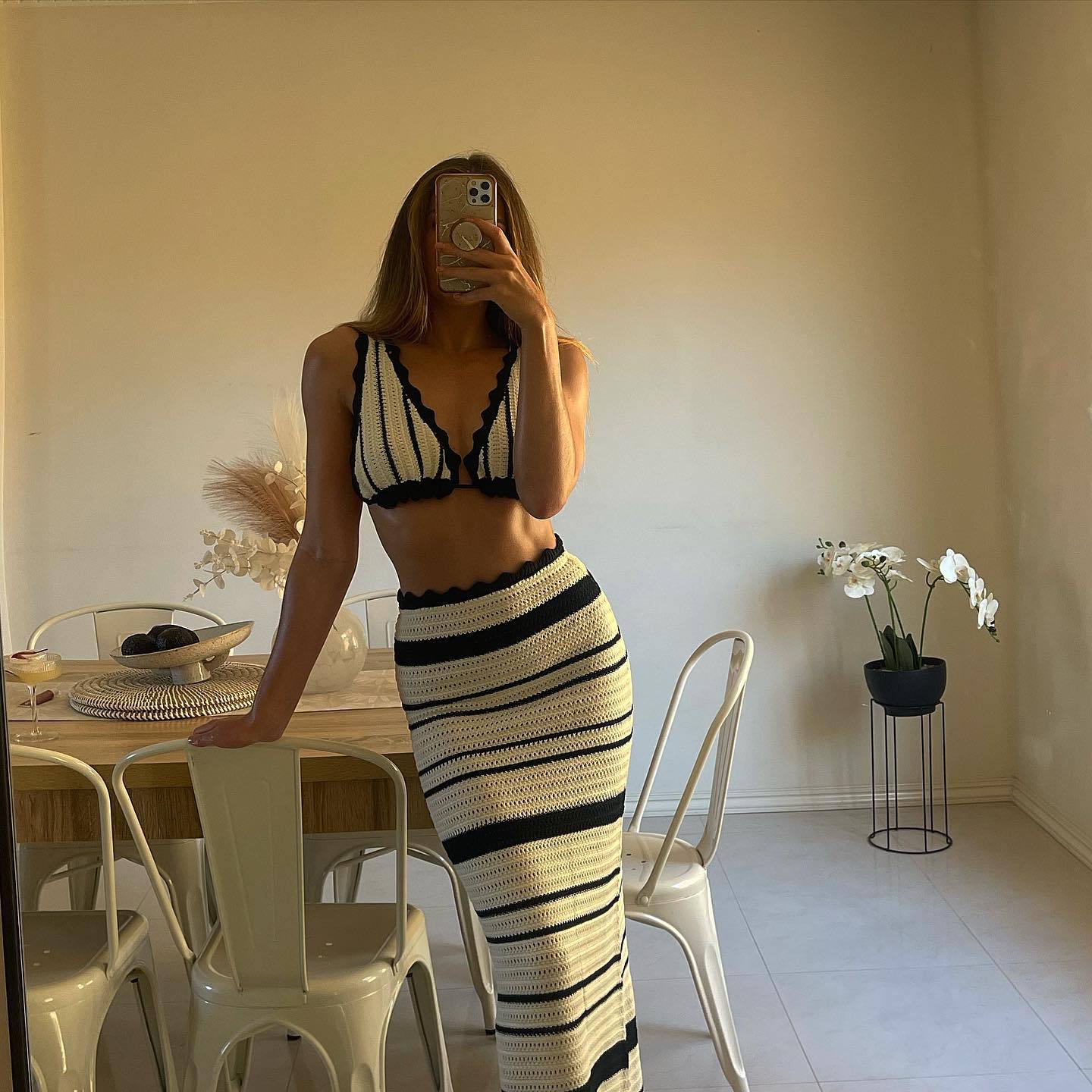 paula set with halter top and maxi skirt black and white