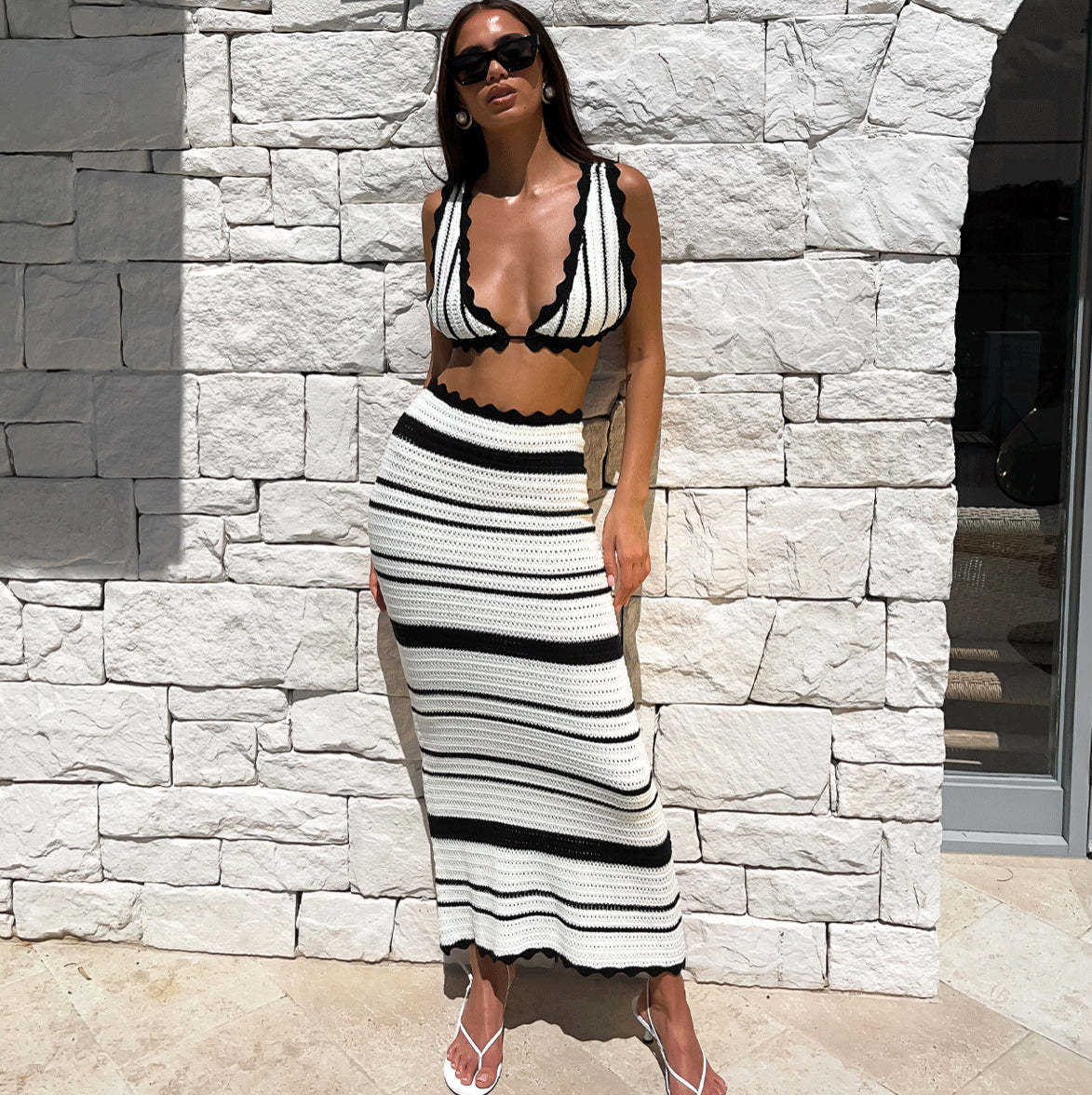 paula set with halter top and maxi skirt contrast stripes